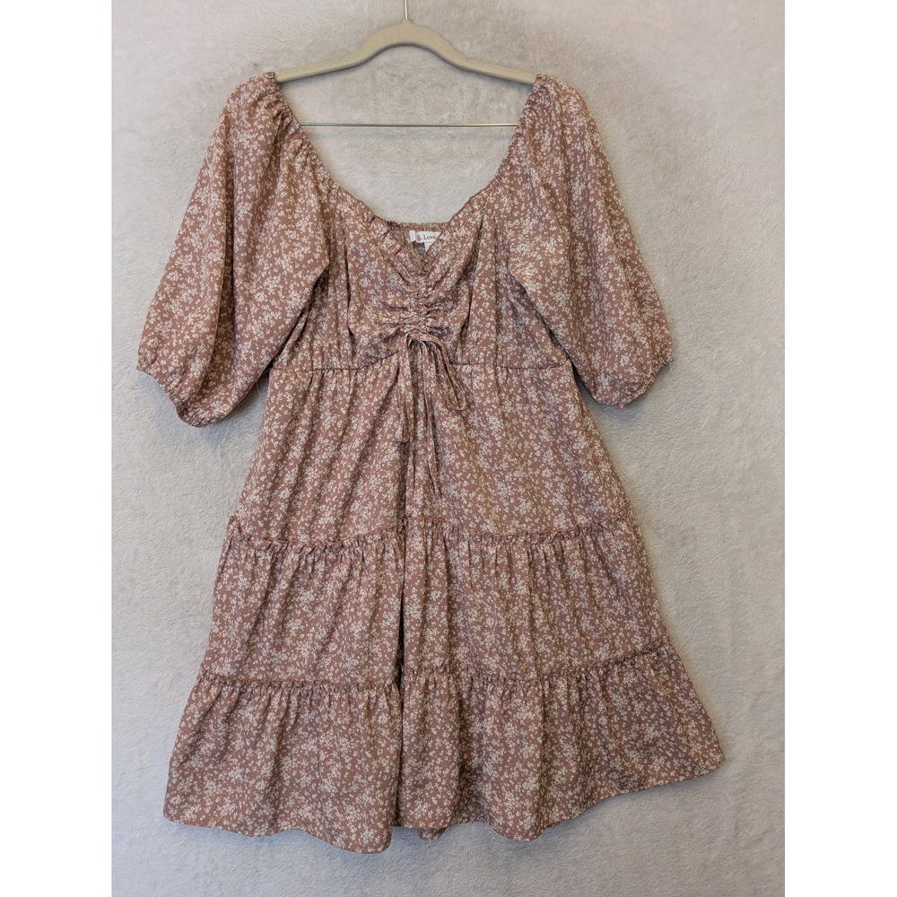 L Love Mini Dress Women's Small Mauve Floral Ruched Tiered Puff Sleeve